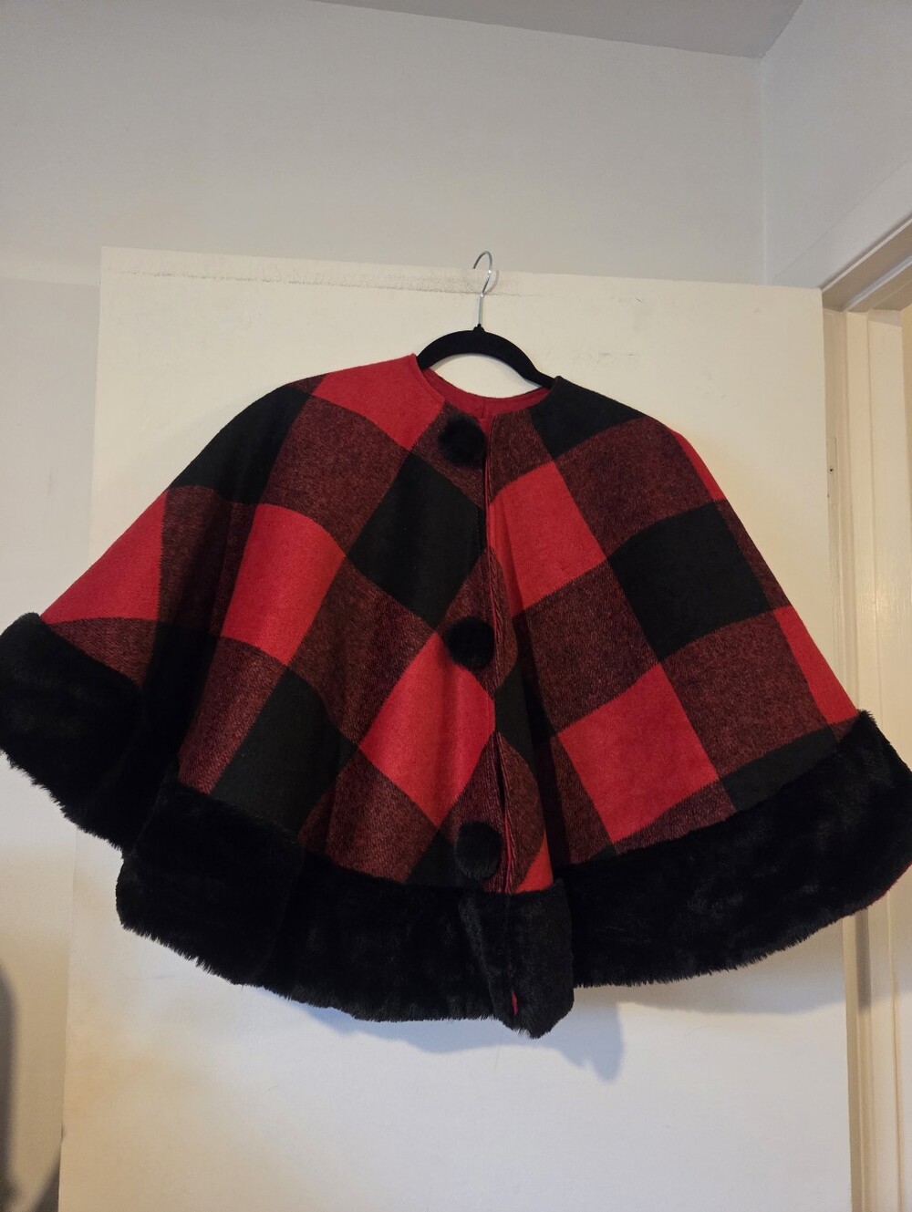 Cute Red & Black Buffalo Plaid Cape Coat with Faux Fur Trim